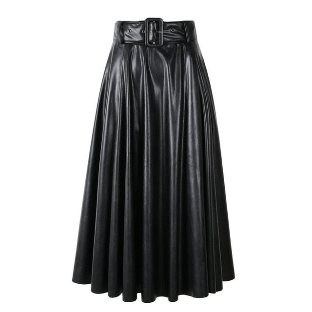 New Fashion Women Autumn Winter PU Faux Leather Skirts Lady High Waist A-line Midi Mid-calf Maxi Long Black Skirt With Belt