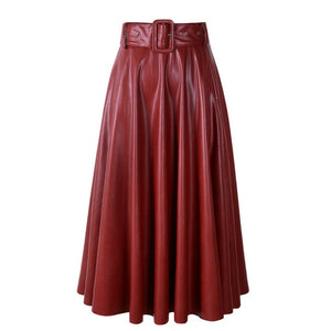 New Fashion Women Autumn Winter PU Faux Leather Skirts Lady High Waist A-line Midi Mid-calf Maxi Long Black Skirt With Belt