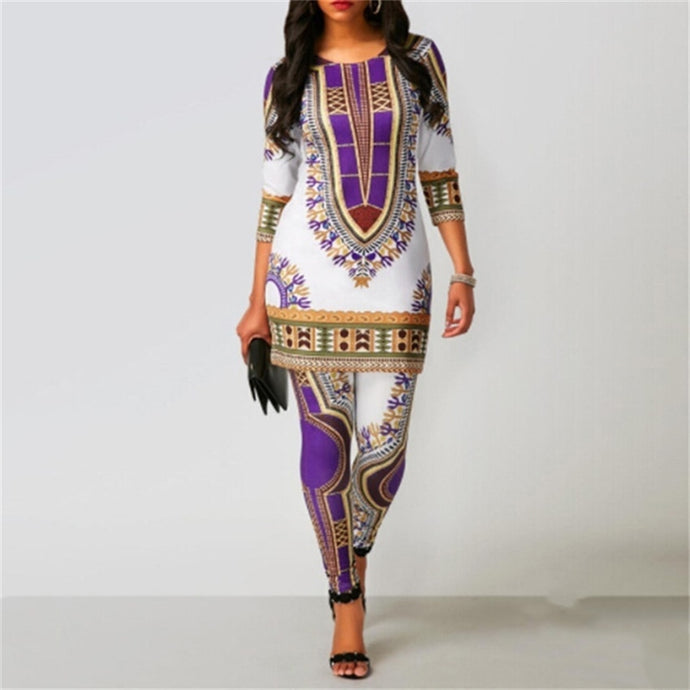 New Top Pants Suit Dashiki Print Ladies Clothes Robe African Fashion Clothing