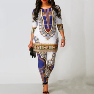 New Top Pants Suit Dashiki Print Ladies Clothes Robe African Fashion Clothing