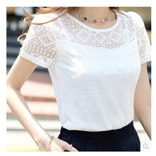 Load image into Gallery viewer, Ladies Office Shirt White Lace Blouse Short Sleeve Crochet Hollow Out Tops
