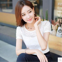 Load image into Gallery viewer, Ladies Office Shirt White Lace Blouse Short Sleeve Crochet Hollow Out Tops