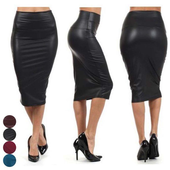 Women High Waist Faux Leather Pencil Skirt Body con Skirt Solid Sexy