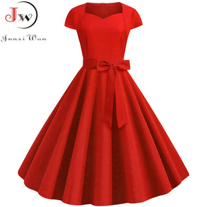 Women Vintage Solid Red Party Dresses & Belt