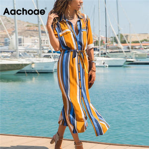 Women Turn Down Collar Stripe Beach Dress Casual