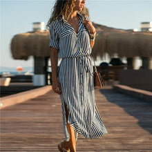 Load image into Gallery viewer, Women Turn Down Collar Stripe Beach Dress Casual