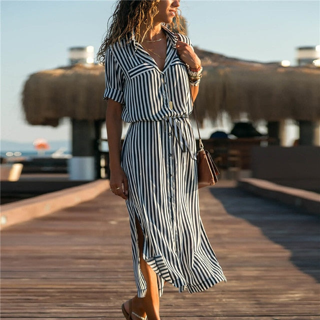 Women Turn Down Collar Stripe Beach Dress Casual