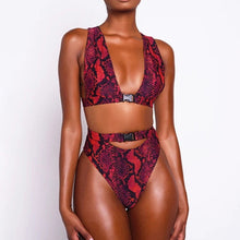 Load image into Gallery viewer, Buckle High Waist 2020 African Swimwear Red Snake Print Bathing Suit Brazilian Cut