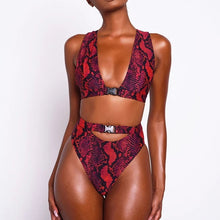 Load image into Gallery viewer, Buckle High Waist 2020 African Swimwear Red Snake Print Bathing Suit Brazilian Cut