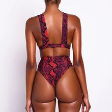 Load image into Gallery viewer, Buckle High Waist 2020 African Swimwear Red Snake Print Bathing Suit Brazilian Cut