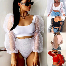 Load image into Gallery viewer, Blouses Ladies See-through Sheer Mesh Dot Blouse Transparent Puff Long Sleeve Cropped Tops