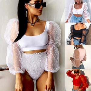 Blouses Ladies See-through Sheer Mesh Dot Blouse Transparent Puff Long Sleeve Cropped Tops