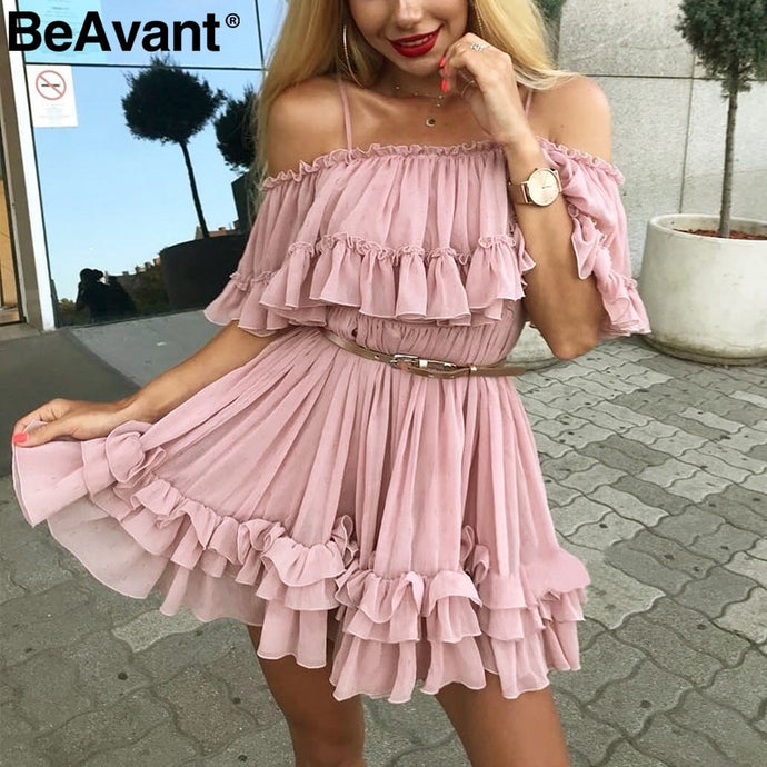 Off Shoulder Strap Chiffon Summer Women Ruffle Pleated Short Elegant Dress