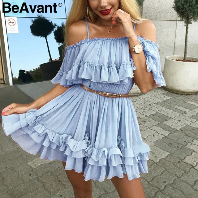 Off Shoulder Strap Chiffon Summer Women Ruffle Pleated Short Elegant Dress