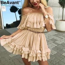 Load image into Gallery viewer, Off Shoulder Strap Chiffon Summer Women Ruffle Pleated Short Elegant Dress