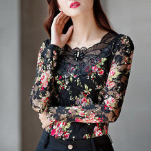 Load image into Gallery viewer, Hollow Out Women Spring Autumn Style Lace Blouses Shirts Casual Long Sleeve Patchwork Spliced Turtleneck Tops