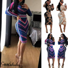 Load image into Gallery viewer, Women Casual O-neck Print Long Sleeve Bodycon Party Long Dress Ladies Sexy Striped Clubwear Dresses