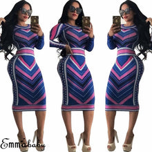 Load image into Gallery viewer, Women Casual O-neck Print Long Sleeve Bodycon Party Long Dress Ladies Sexy Striped Clubwear Dresses