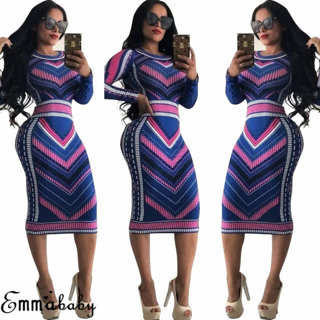 Women Casual O-neck Print Long Sleeve Bodycon Party Long Dress Ladies Sexy Striped Clubwear Dresses