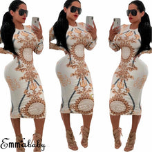 Load image into Gallery viewer, Women Casual O-neck Print Long Sleeve Bodycon Party Long Dress Ladies Sexy Striped Clubwear Dresses