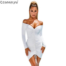 Load image into Gallery viewer, Drawstring Slash Neck long Sleeve Mini Club Dress