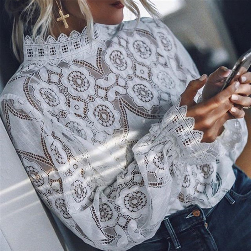 Women Lace Blouse Elegant Formal Embroidery Long Sleeve White Shirts Blouse Tops