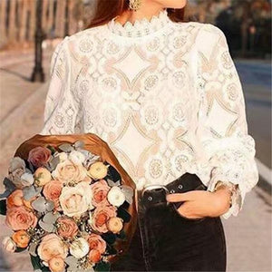 Women Lace Blouse Elegant Formal Embroidery Long Sleeve White Shirts Blouse Tops