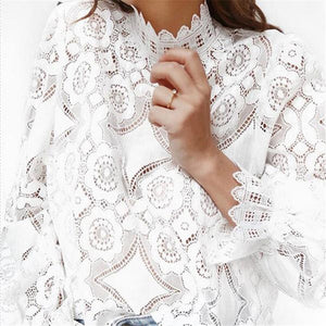 Women Lace Blouse Elegant Formal Embroidery Long Sleeve White Shirts Blouse Tops