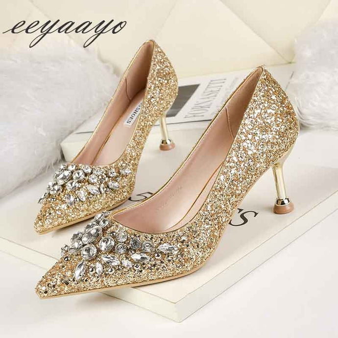 Women Pumps High Thin Heel Pointed Toe Crystal Bridal Wedding Shoes Gold High Heels