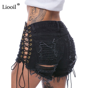 Women Sexy Club Skinny Lace Up Mid Waist Hole Rivet Button Fly Black Short Jeans