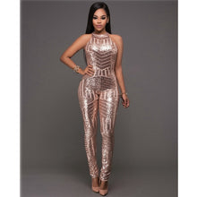 Load image into Gallery viewer, sexy Gold sequin jumpsuit mesh Romper Summer Women Glitter Halter Open Back Party bodycon jumpsuit body ladies Overalls Clubwear