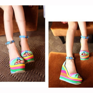 Women's Ladies Wedges High Multi color Patchwork Sandals Peep Toe Roman Shoes