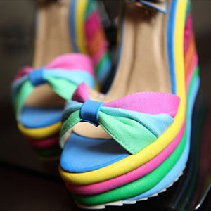 Women's Ladies Wedges High Multi color Patchwork Sandals Peep Toe Roman Shoes