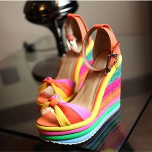 Women's Ladies Wedges High Multi color Patchwork Sandals Peep Toe Roman Shoes