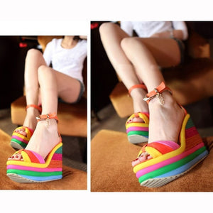 Women's Ladies Wedges High Multi color Patchwork Sandals Peep Toe Roman Shoes