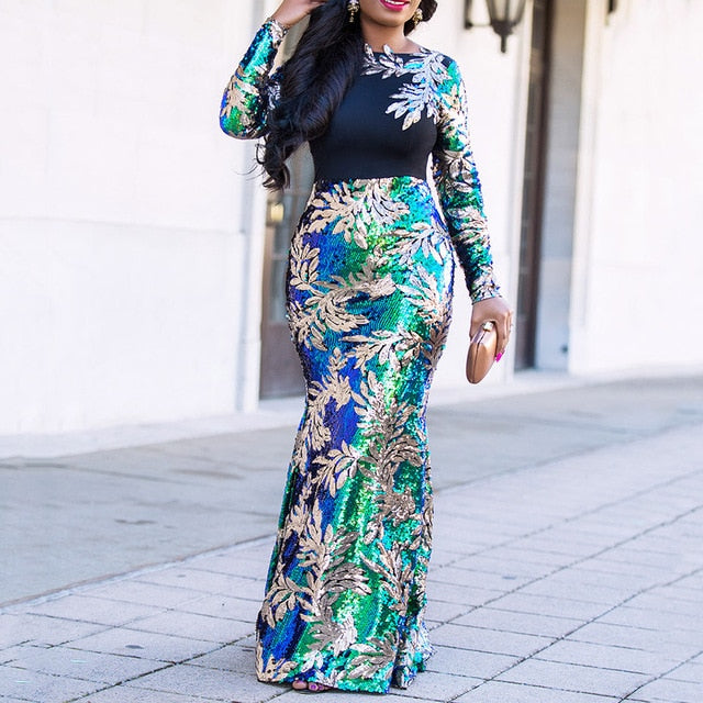 Green Long Sleeve Mermaid Sequins Dress African Long Dresses for Women