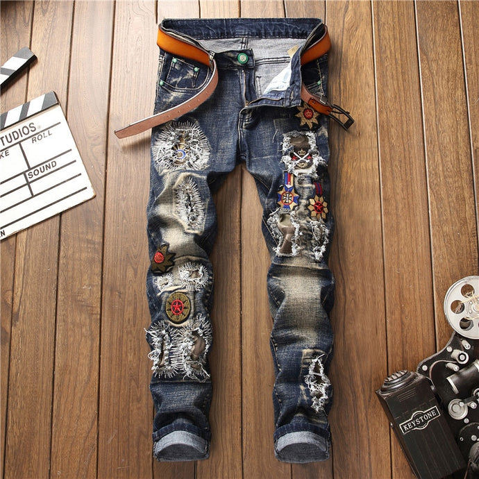 AUTUMN Winter Men's Patchwork Ripped Embroidered Stretch Jeans Trendy Holes Straight Denim Trouers