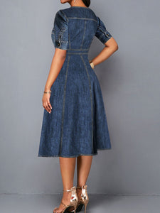 Ladies Jean O Neck Half Sleeve Denim Midi Dress