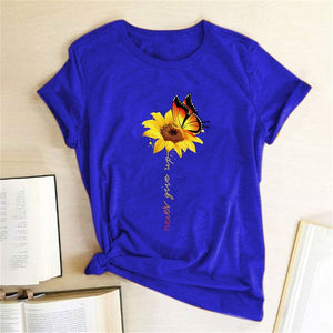 Aesthetic Cotton T Shirt Women Graphic Tees Shirt Sun Flower Butterfly T-shirt Never Give Up