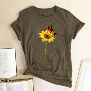 Aesthetic Cotton T Shirt Women Graphic Tees Shirt Sun Flower Butterfly T-shirt Never Give Up