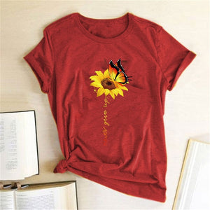 Aesthetic Cotton T Shirt Women Graphic Tees Shirt Sun Flower Butterfly T-shirt Never Give Up