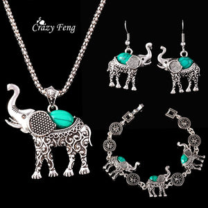 Fashion Green African Jewelry Sets for Women Vintage Silver Color Elephant Pendant Necklace Earrings Bracelets Jewellery Gift