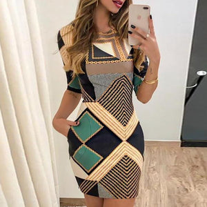 Print short-sleeved slim round neck Spring Mini Ladies Dress