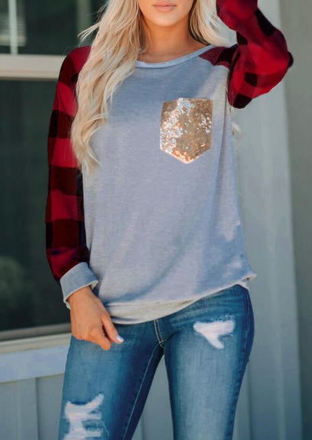 Women Plaid Splicing Sequined Pocket T-Shirt Tee Gray Long Sleeve Pullover Ladies Sweatshirt Tops