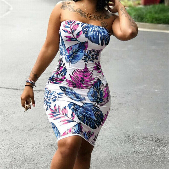 Women Summer Sleeveless Dresss New Floral Printed Strapless Bodycon Party Cocktail Mini Dress