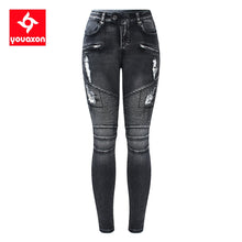 Load image into Gallery viewer, Black Motorcycle Biker Zip Mid High Waist Stretch Denim Skinny Pants