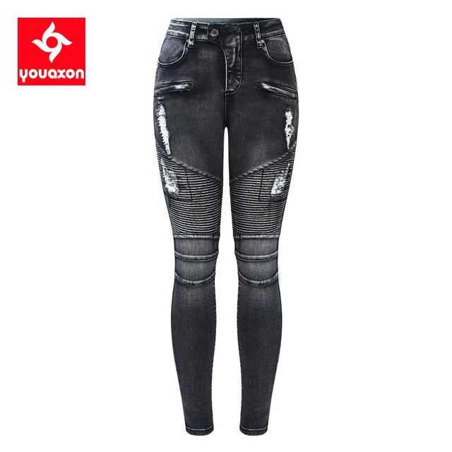 Black Motorcycle Biker Zip Mid High Waist Stretch Denim Skinny Pants