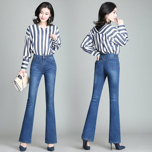 Women Spring Slim Wide Leg Ladies Denim Trousers Elastic High Waist Woman Jeans