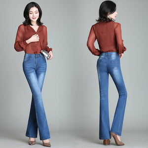 Women Spring Slim Wide Leg Ladies Denim Trousers Elastic High Waist Woman Jeans