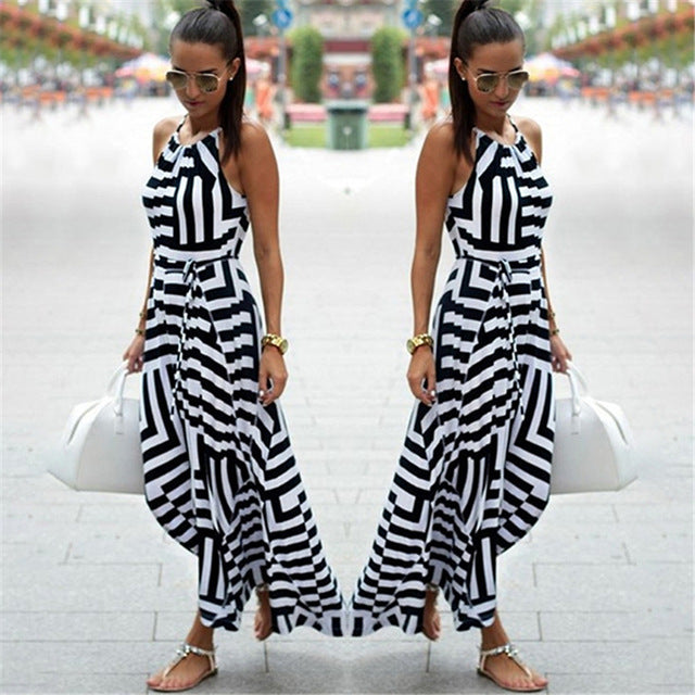 Striped Summer Maxi Long Sleeveless Women Beach Dress